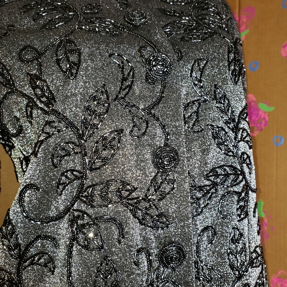 Vintage Carmen Marc Valvo Silver Black Beaded Longline Evening Jacket Blazer 12 - Picture 4 of 9